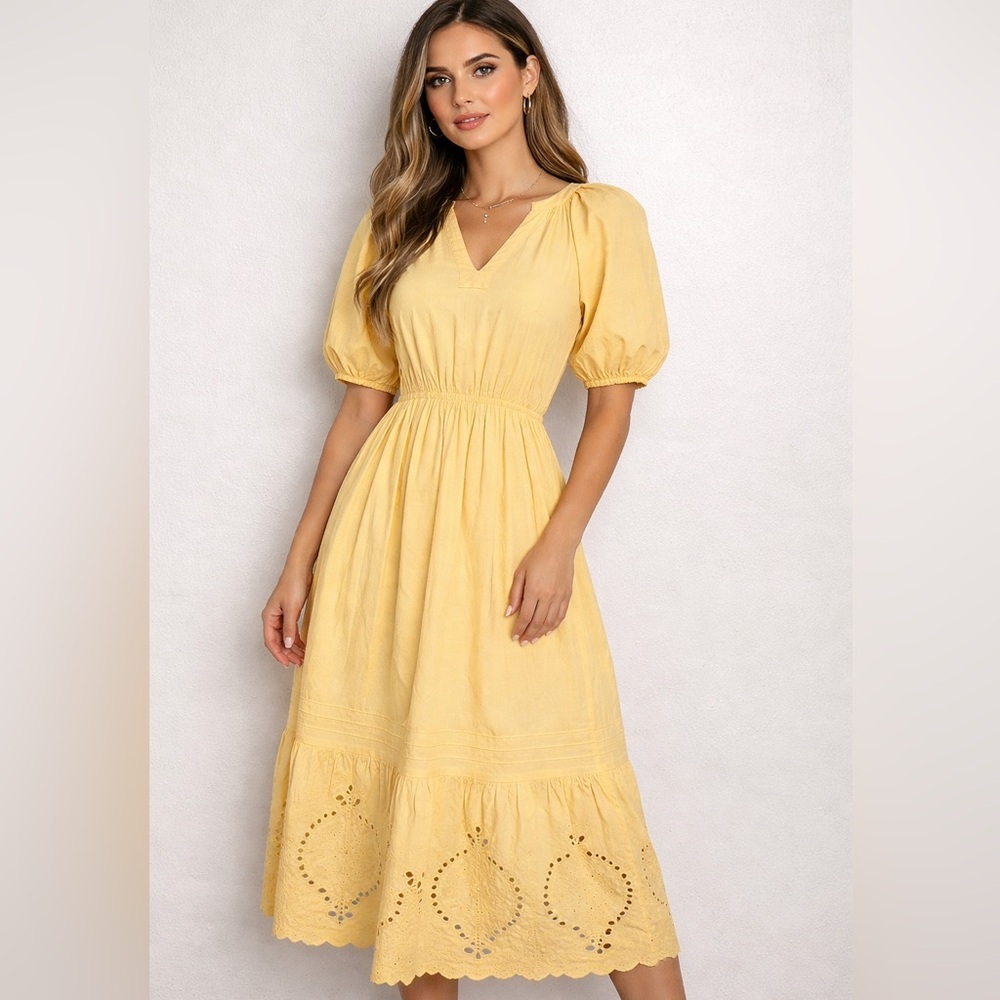 Yellow Puff-Sleeve Midi Dress by